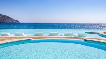 Seasonal outdoor pool, open 9:00 AM to 7:00 PM, pool umbrellas