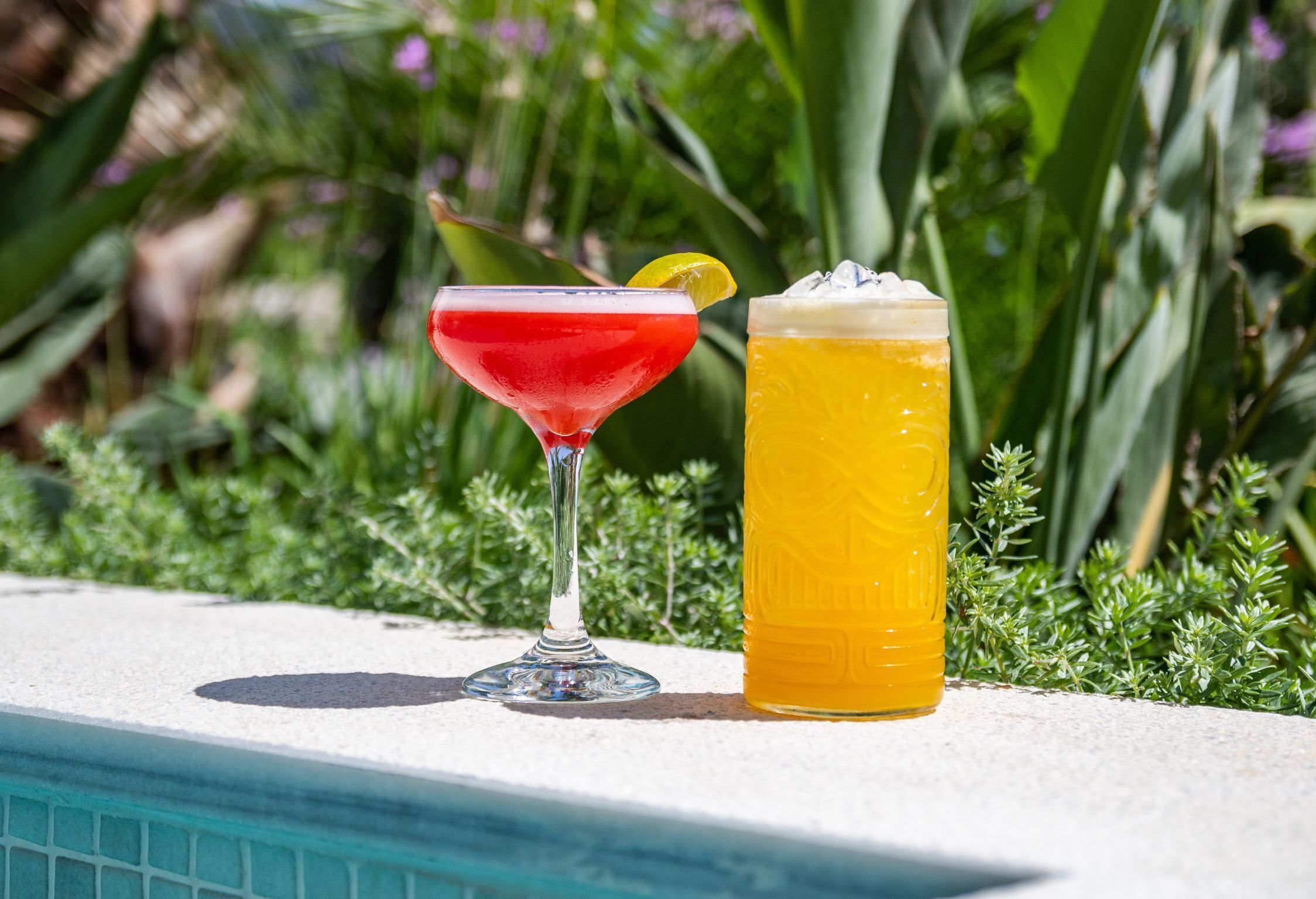 Two drinks, one in a martini glass and one in a tall glass, placed on a poolside ledge with greenery in the background.