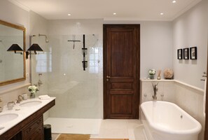 Bathtub, hair dryer, bidet, towels