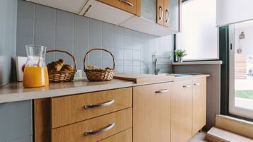 Fridge, microwave, electric kettle, toaster