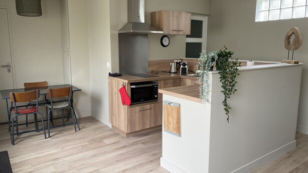 A modern kitchen with wooden cabinets, a built-in oven, and a small island with a sink. - Studio Bordeaux 2 (Bordeaux)