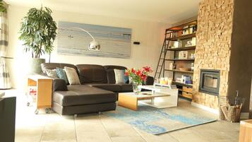 Een smart-tv, een open haard, een tafeltennistafel en boeken