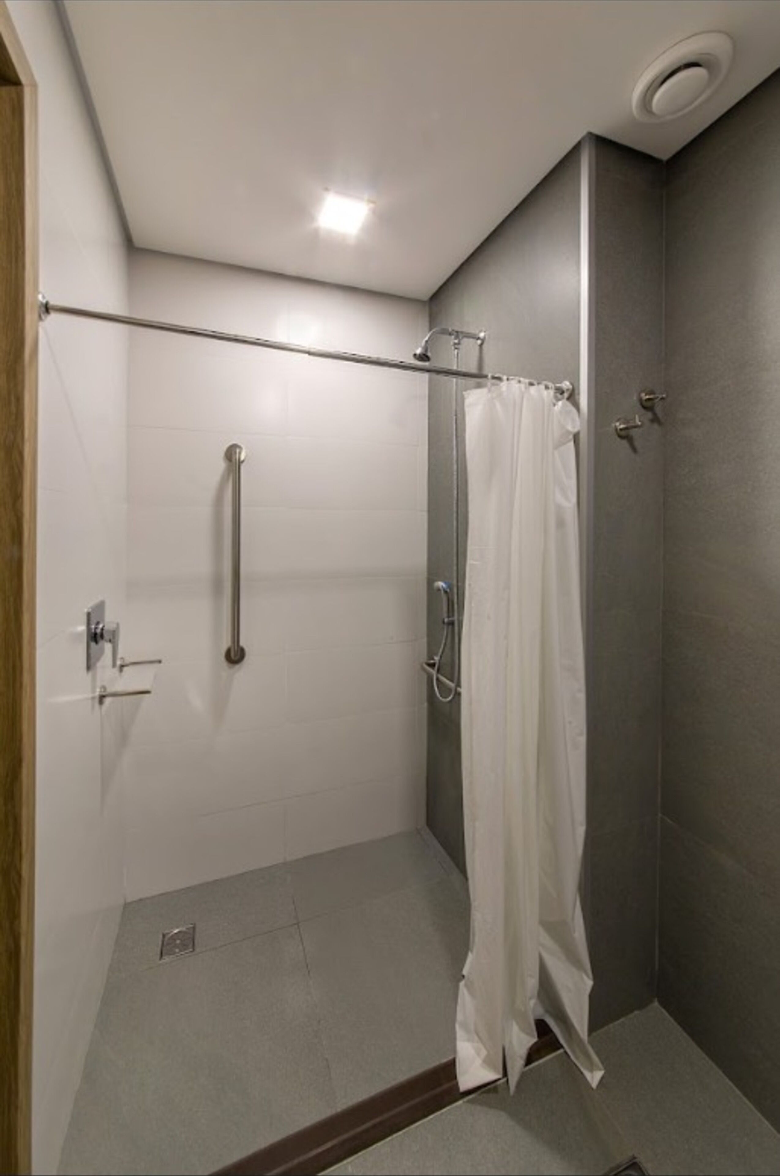 A modern shower area with a glass door, a handrail, and a shower curtain.