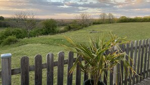 Une clôture en bois, avec un pot de fleurs au premier plan, un champ herbeux et des arbres en arrière-plan, le tout sous un ciel nuageux.