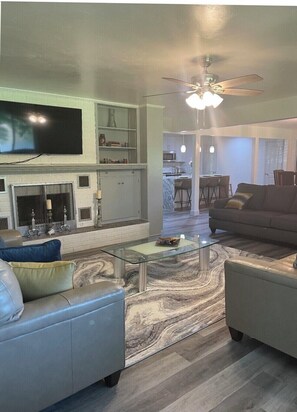 TV, fireplace, books