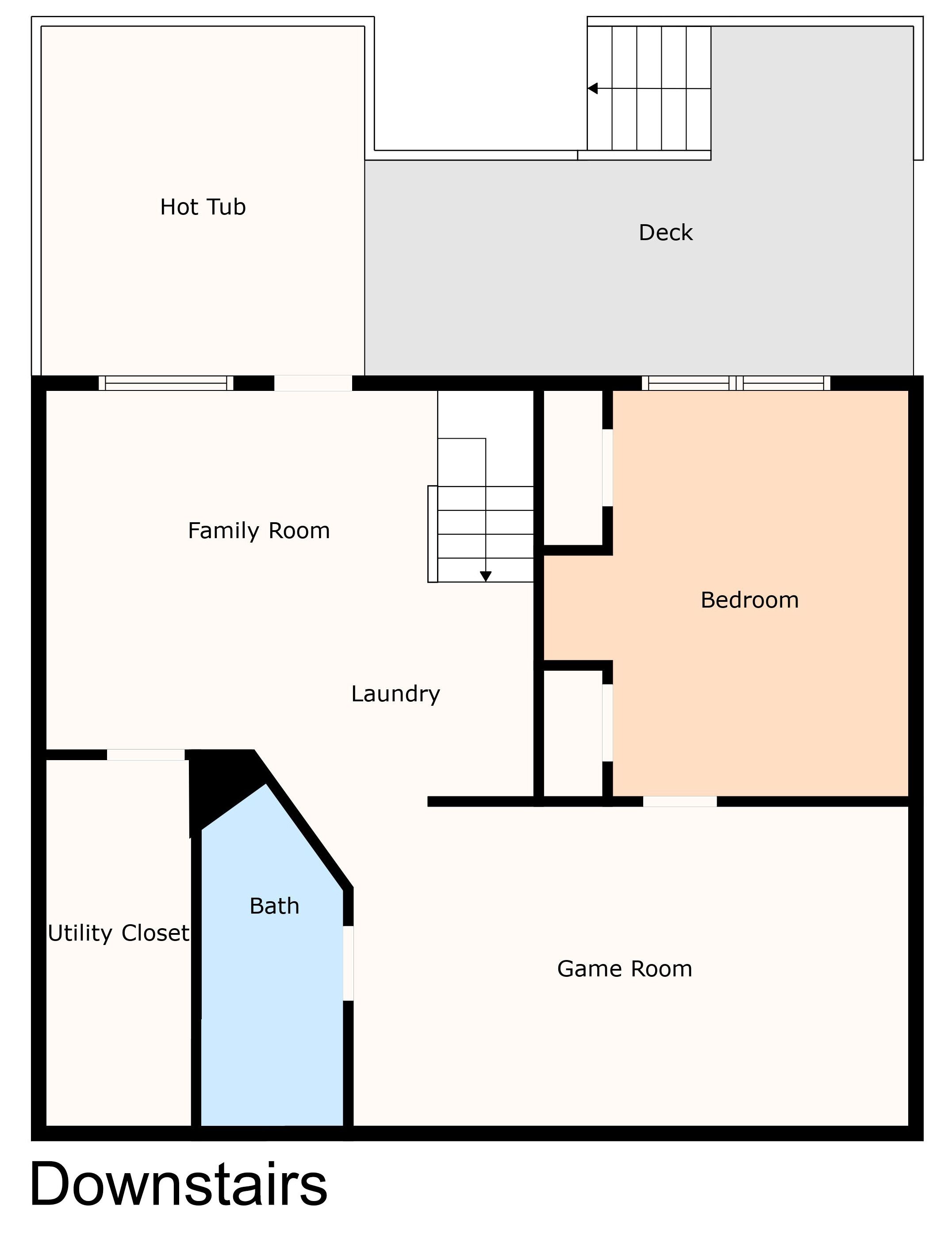 Plano de planta que incluye una bañera de hidromasaje, terraza, sala familiar, lavandería, dormitorio, sala de juegos, armario de servicios y baño.