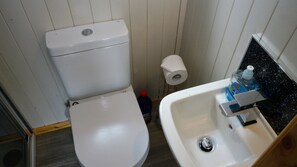 A small bathroom with a white toilet, a white sink, and a roll of toilet paper. - Unique Upcycled Straw Trailer @ Westcote (Hawick)