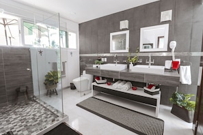 Douche, séchoir à cheveux, serviettes fournies, savon