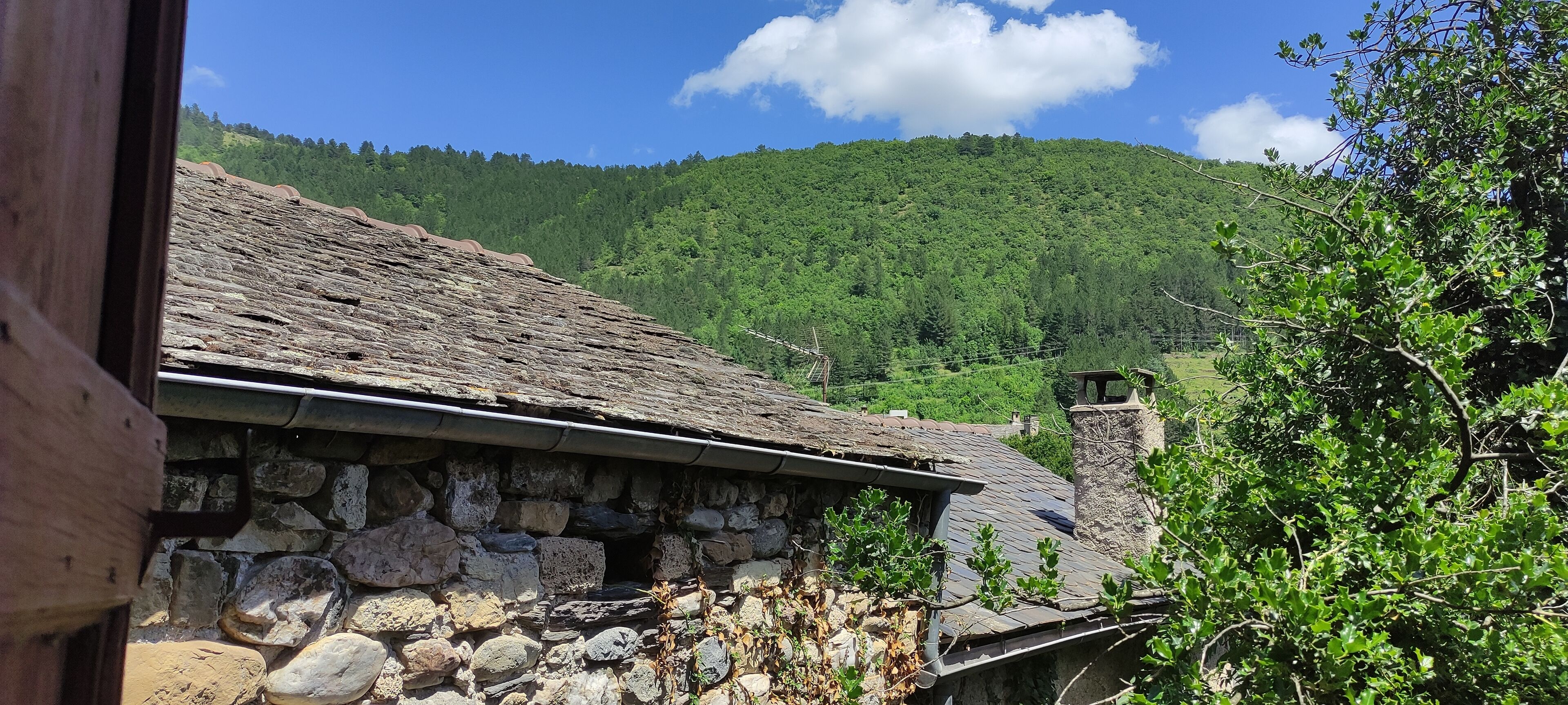 A rustic stone building with a sloped roof, surrounded by lush greenery and a forested hill in the background.