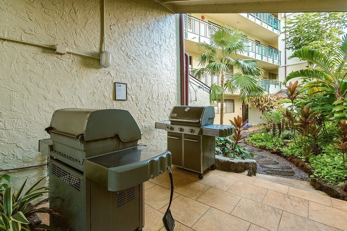 Un patio exterior con una parrilla y barbacoa, rodeado de abundante vegetación y un sendero de piedra.