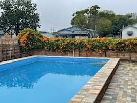 Una piscina rectangular con borde de azulejos, rodeada por un muro de ladrillo y un seto de flores anaranjadas.
