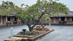 Un edificio con un patio empedrado, un árbol y mesas al aire libre.