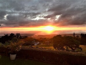 A sunset over a residential area with houses and trees.