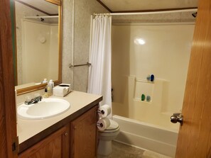 Un baño con lavamanos, espejo, inodoro y zona de ducha.