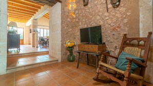 A cozy living room with a stone wall, wooden furniture, a television, and a vase with flowers. - LO D'EN CREUS - Fantastic country house with an above-ground pool, perfect for couples. Fr (Campos)