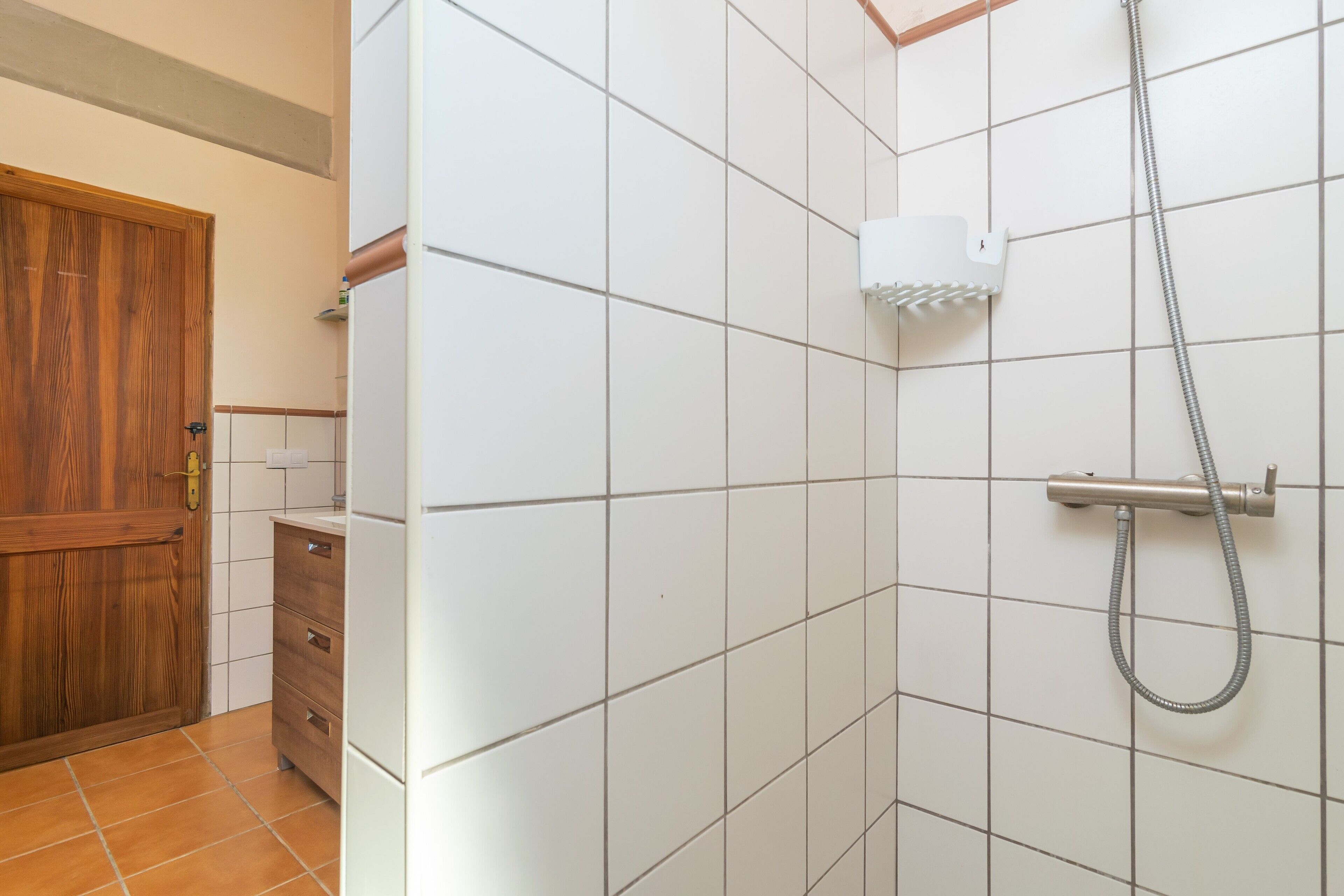 Een badkamer met witte betegelde wanden, een houten deur, een douche met een handdouche en een handdoekhouder.