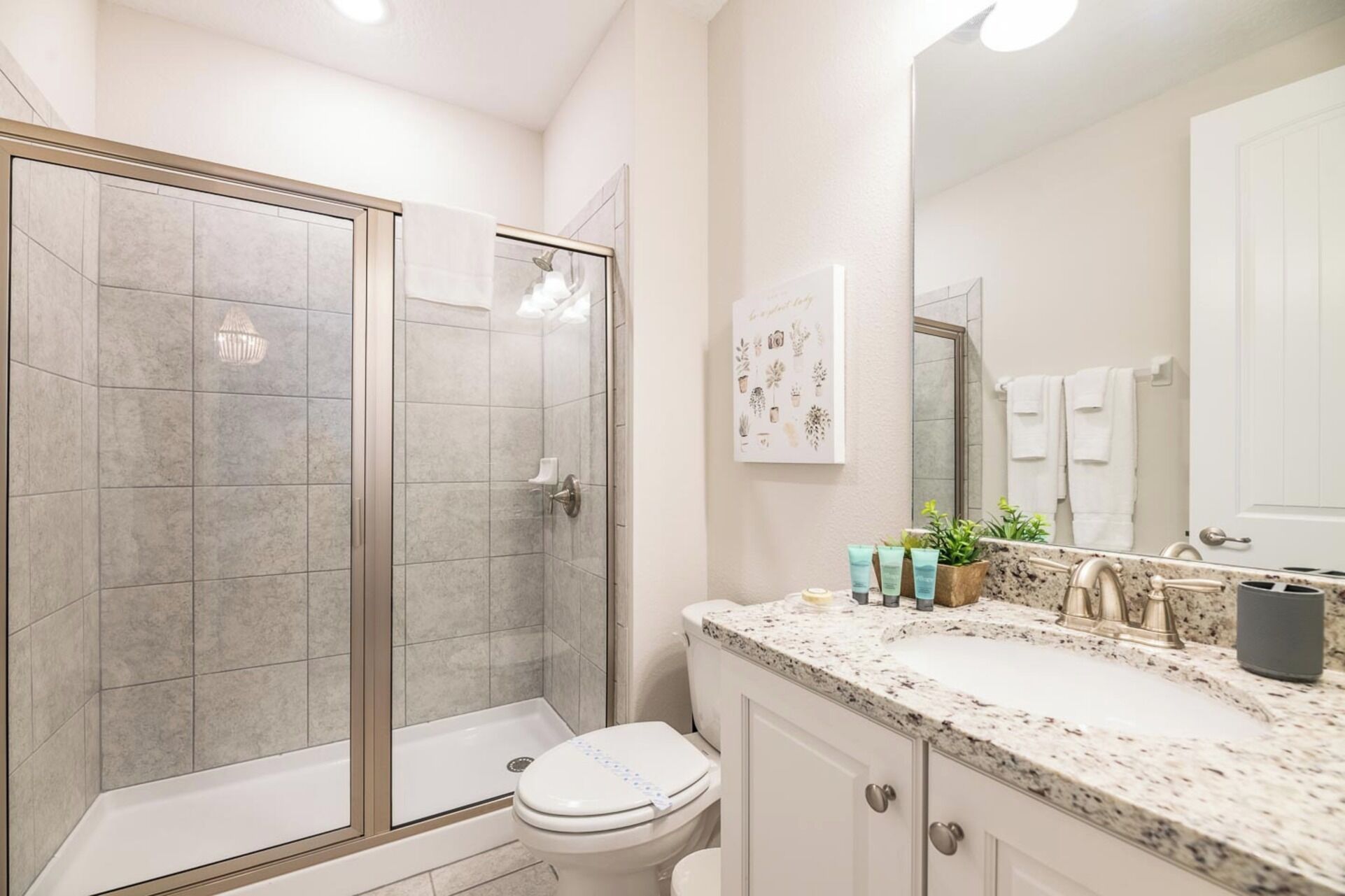 A modern bathroom with a glass-enclosed shower, a white toilet, and a granite countertop with toiletries.
