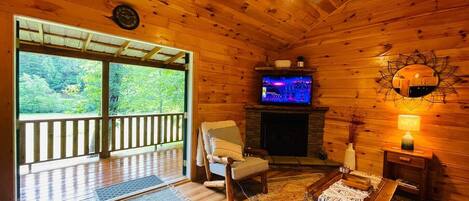 TV connectée, cheminée, livres