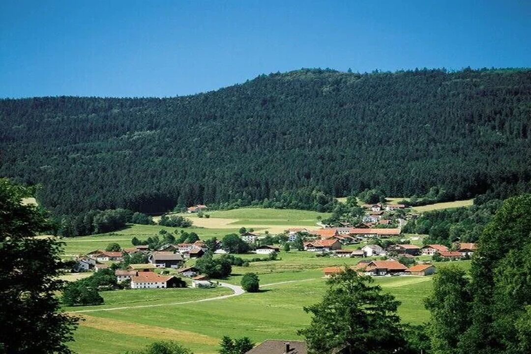 Un village rural avec des maisons et une colline boisée en arrière-plan.