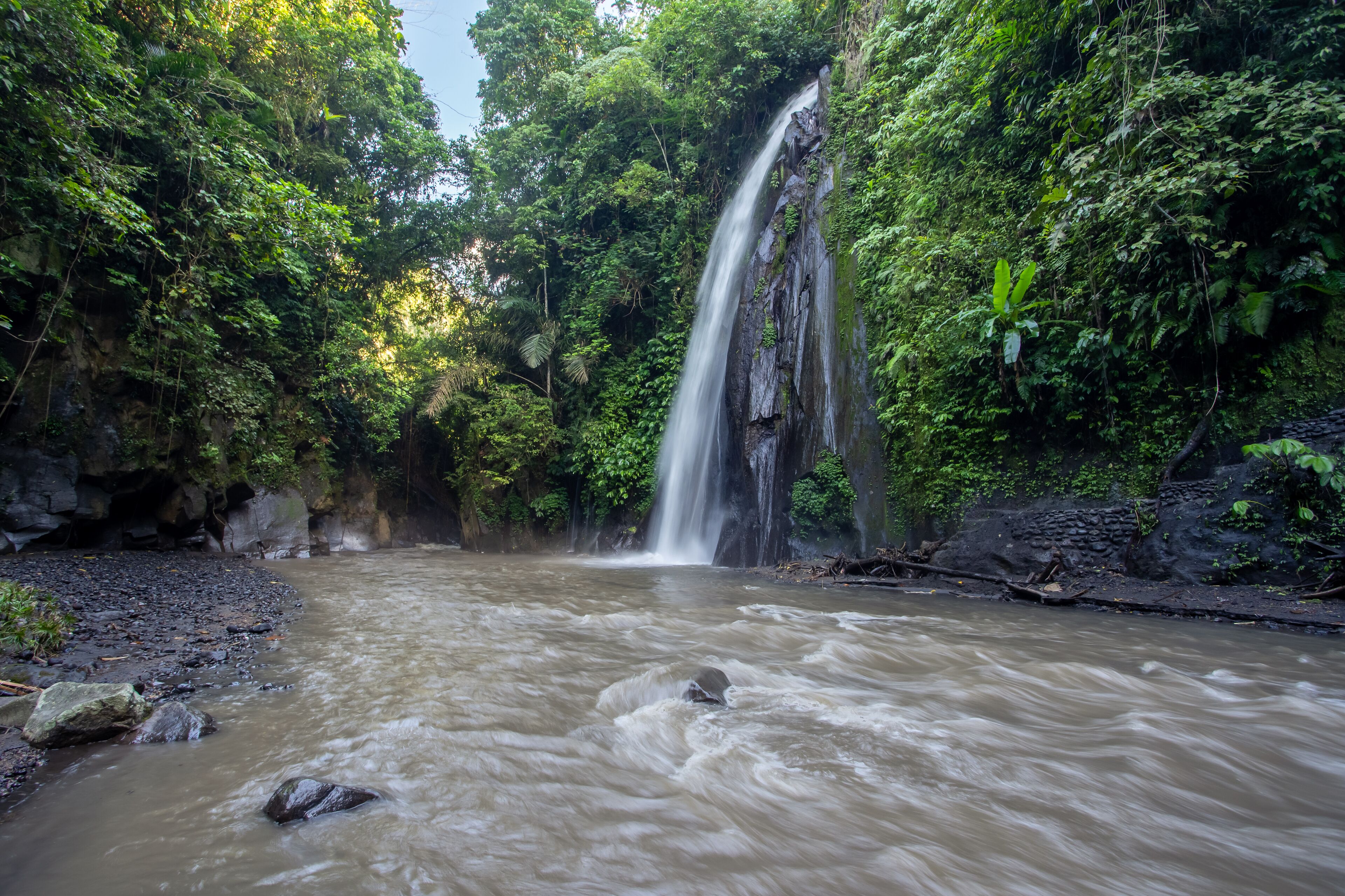 Ein Wasserfall inmitten eines üppigen, grünen Waldes.