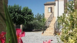 A courtyard with a stone staircase leading to a building, surrounded by greenery and a metal gate.