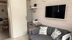 Un salon avec un canapé gris, deux coussins décoratifs, un téléviseur à écran plat, une petite table et une fenêtre avec des stores.