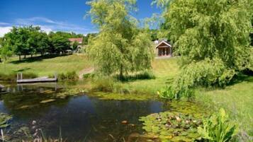 A serene pond with lily pads, surrounded by lush greenery and a small wooden structure in the background.