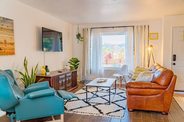 Smart TV, fireplace, books