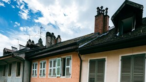 A row of traditional European buildings with uniform window shutters and a cobblestone street.