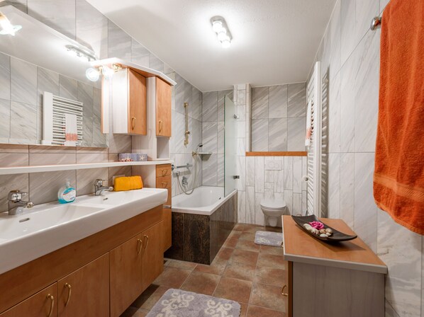 Tina, secadora de cabello, toallas, papel de baño