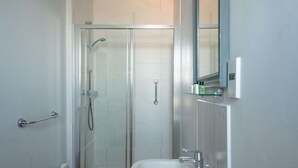 A modern bathroom with a glass-enclosed shower, a white sink, and a mirror above it.