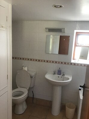 Un baño pequeño con inodoro, lavamanos y espejo.