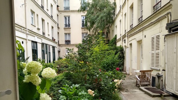 A narrow courtyard with a small garden, a wooden chair, and a table.