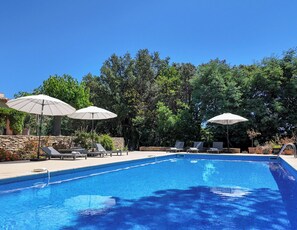 Piscina con sillones de descanso y sombrillas, rodeada de árboles.