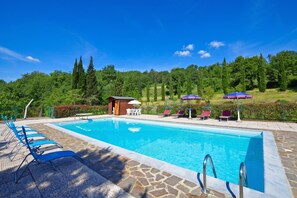 Piscina con sillas de descanso y sombrillas, rodeada de baldosas de piedra y follaje.