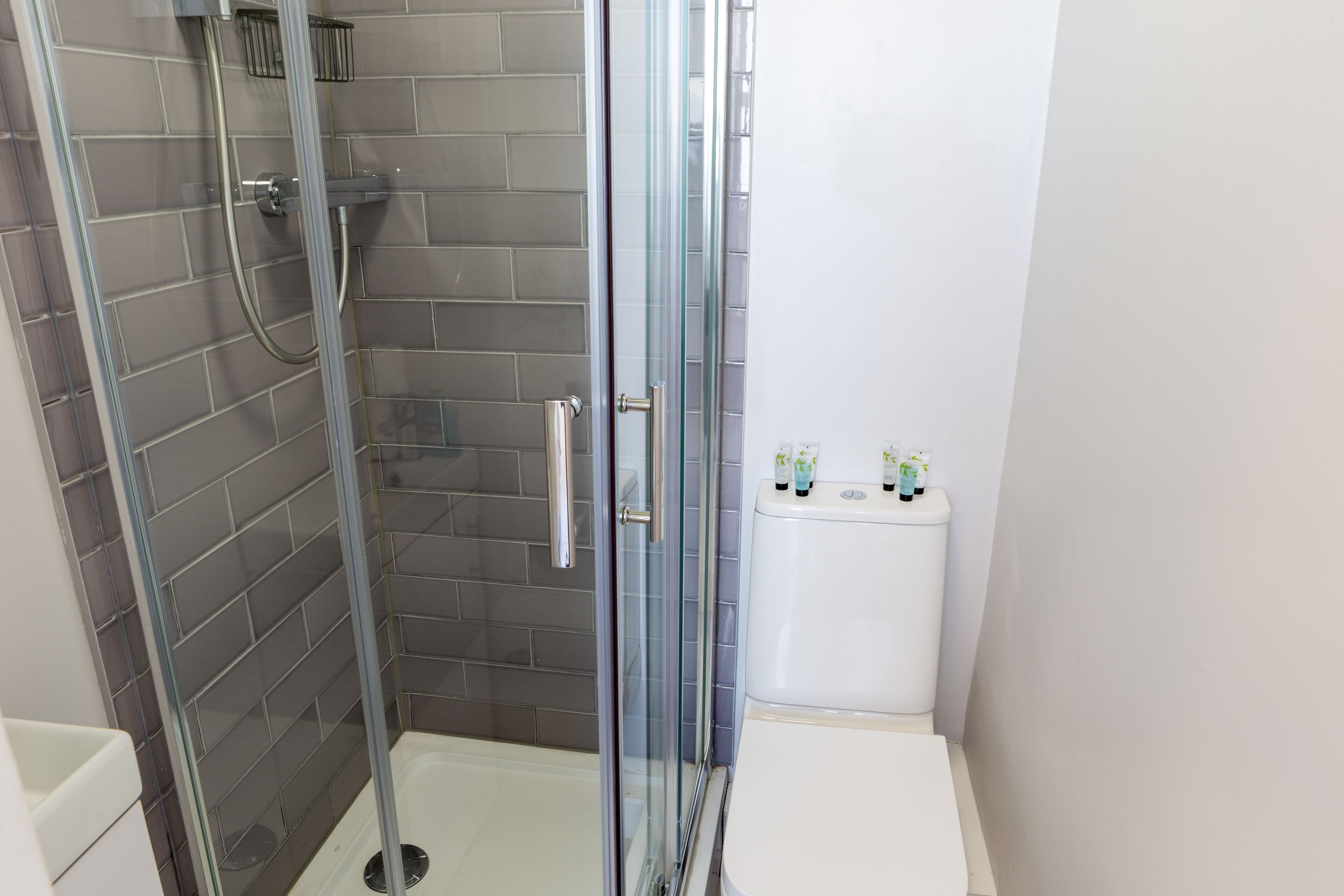 Ein modernes Badezimmer mit Duschkabine, Toilette und Waschbecken.