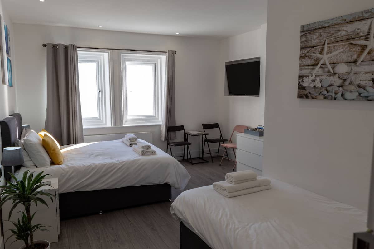 A hotel room with two beds, a desk, a chair, a TV, and a potted plant.