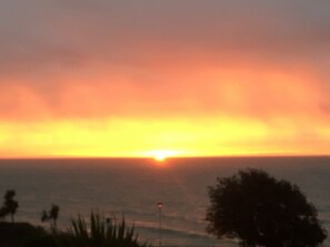 A sunset over a body of water with silhouettes of trees and a street lamp. - The Halcyon (Eastbourne)
