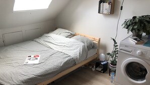 Ein kleines Zimmer mit einem Einzelbett, geneigter Decke, einer Waschmaschine, einem Heizkörper und einem Blumentopf.