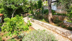 Een pad van stenen dat door een weelderige tuin slingert, vol planten en bomen.