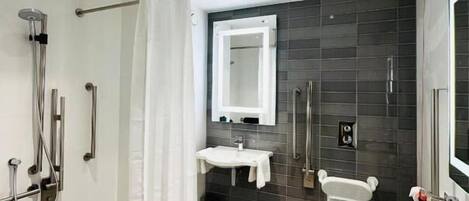 A modern bathroom with a walk-in shower, a toilet, and a sink.