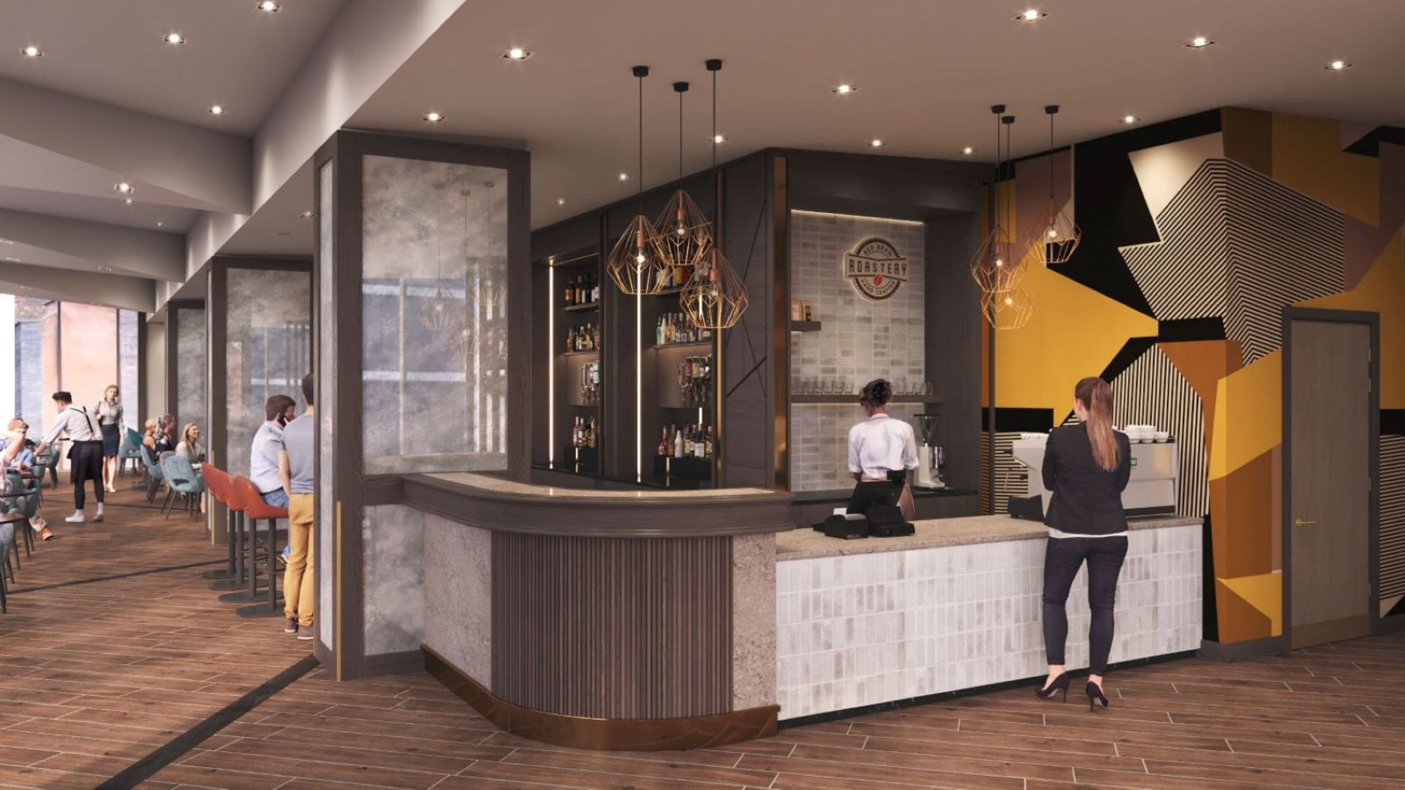 A modern bar area with a counter, bar stools, and a bartender. There are people seated and standing around.