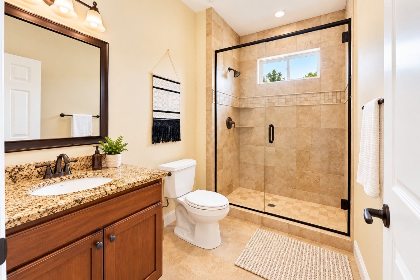 Une salle de bain avec un lavabo surmonté d’un plan de travail en granit, des toilettes blanches, une douche à parois de verre et un grand miroir.
