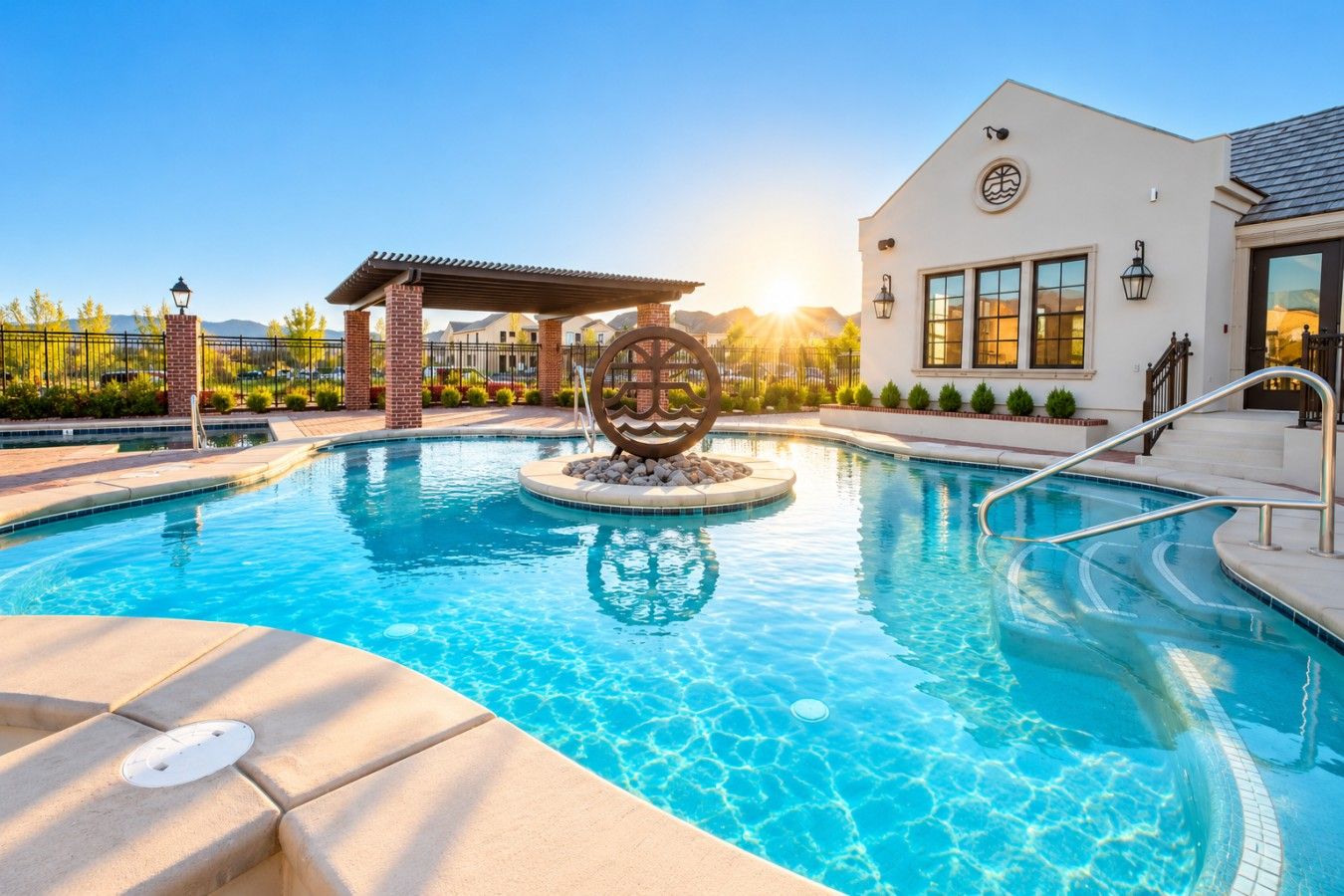 A swimming pool with a decorative centerpiece, a covered seating area, and a building with large windows.
