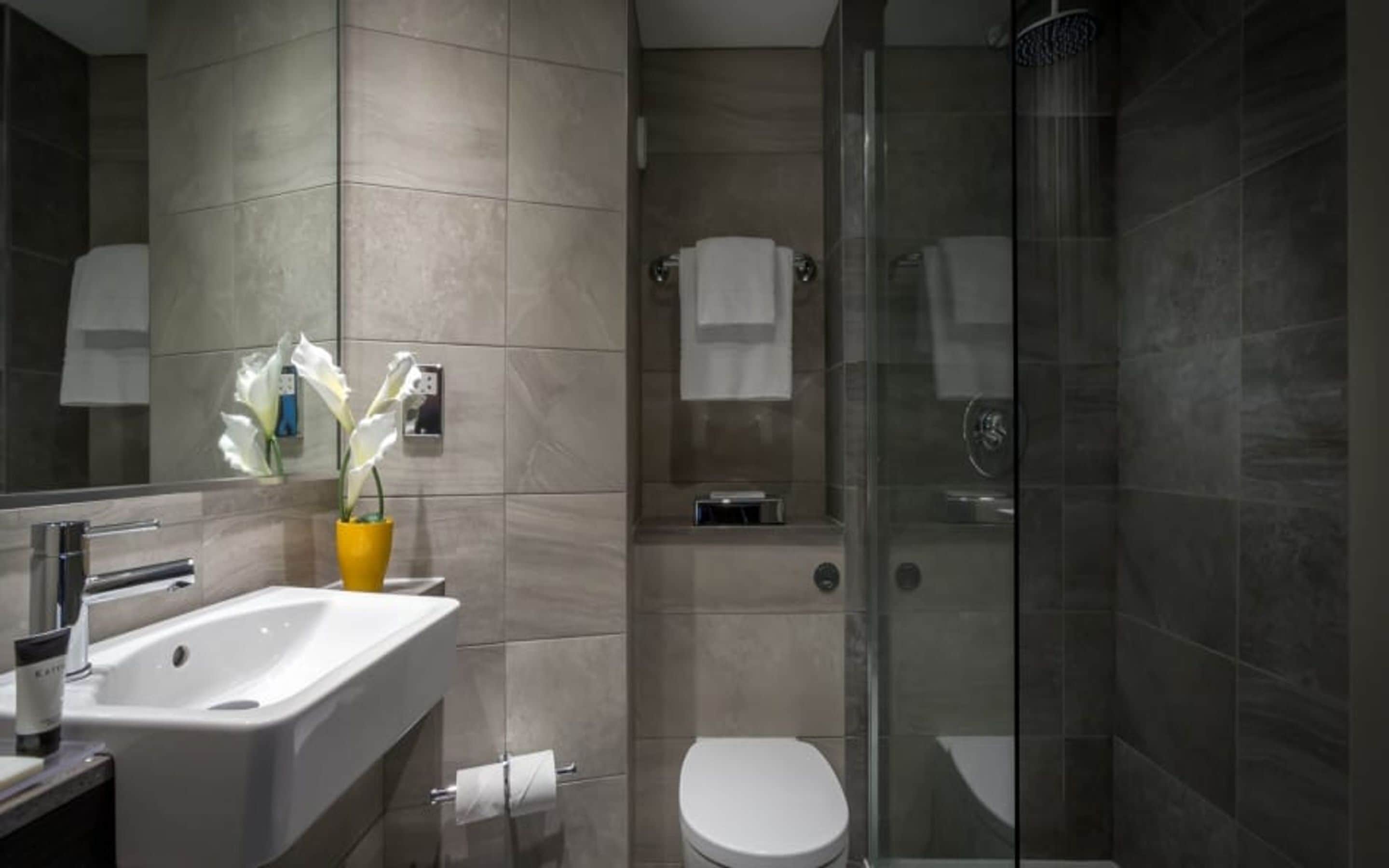 deluxe double single room | bathroom | shower, eco-friendly toiletries, hair dryer, towels