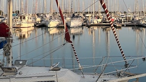 Marina con varios veleros amarrados.