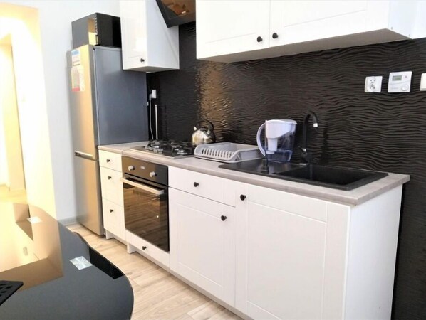 Fridge, microwave, oven, electric kettle