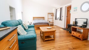 Un salon spacieux avec un canapé de couleur turquoise, une table basse en bois, un lit avec une tête de lit en bois, un téléviseur posé sur un meuble en bois et une cheminée.