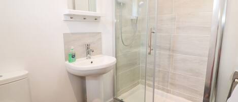 A bathroom with a glass-enclosed shower, a sink with a mirror above it, and a toilet.
