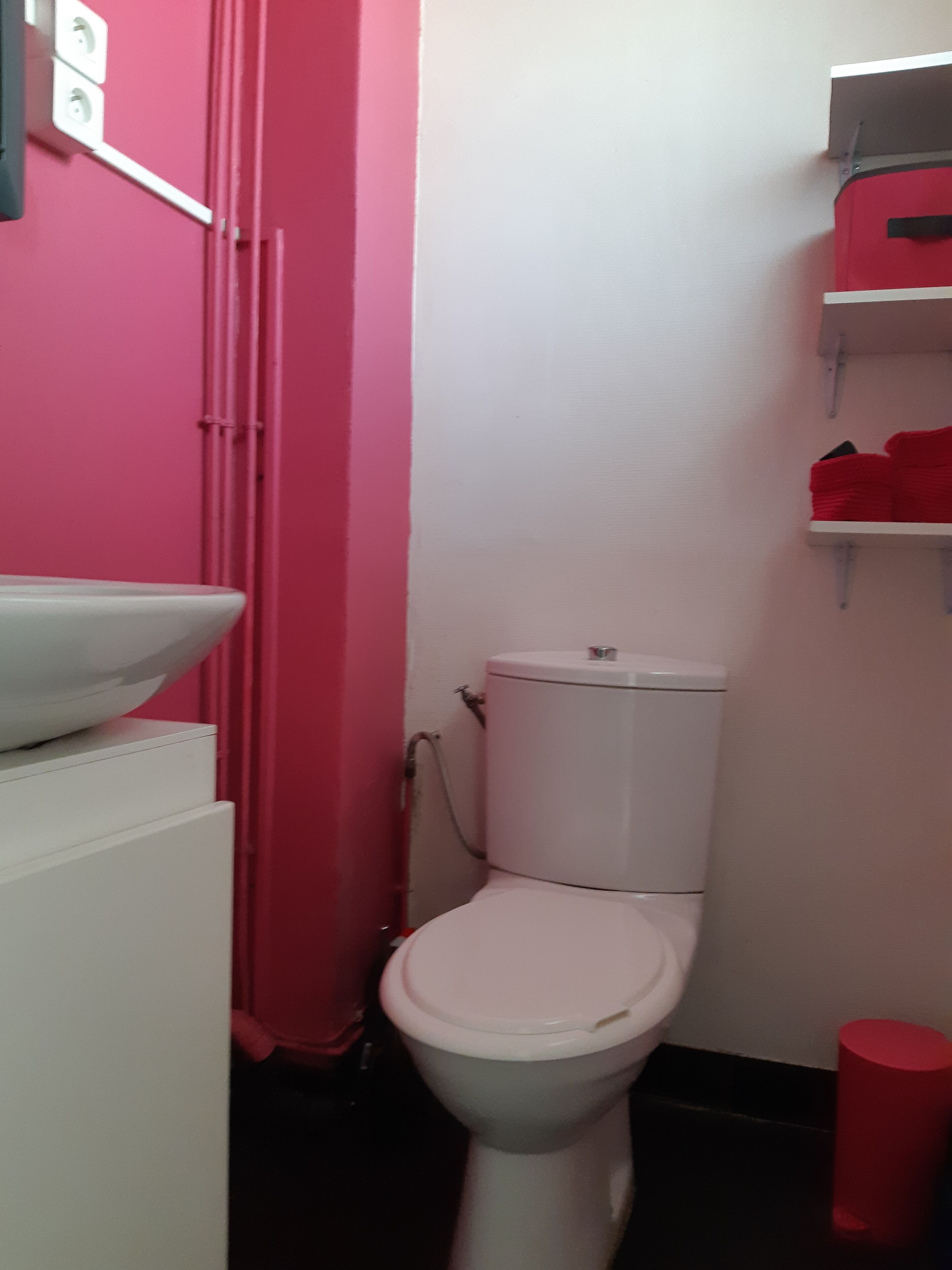 Ein Badezimmer mit Toilette, rosa Wänden, einem weißen Waschbecken und einem roten Mülleimer.
